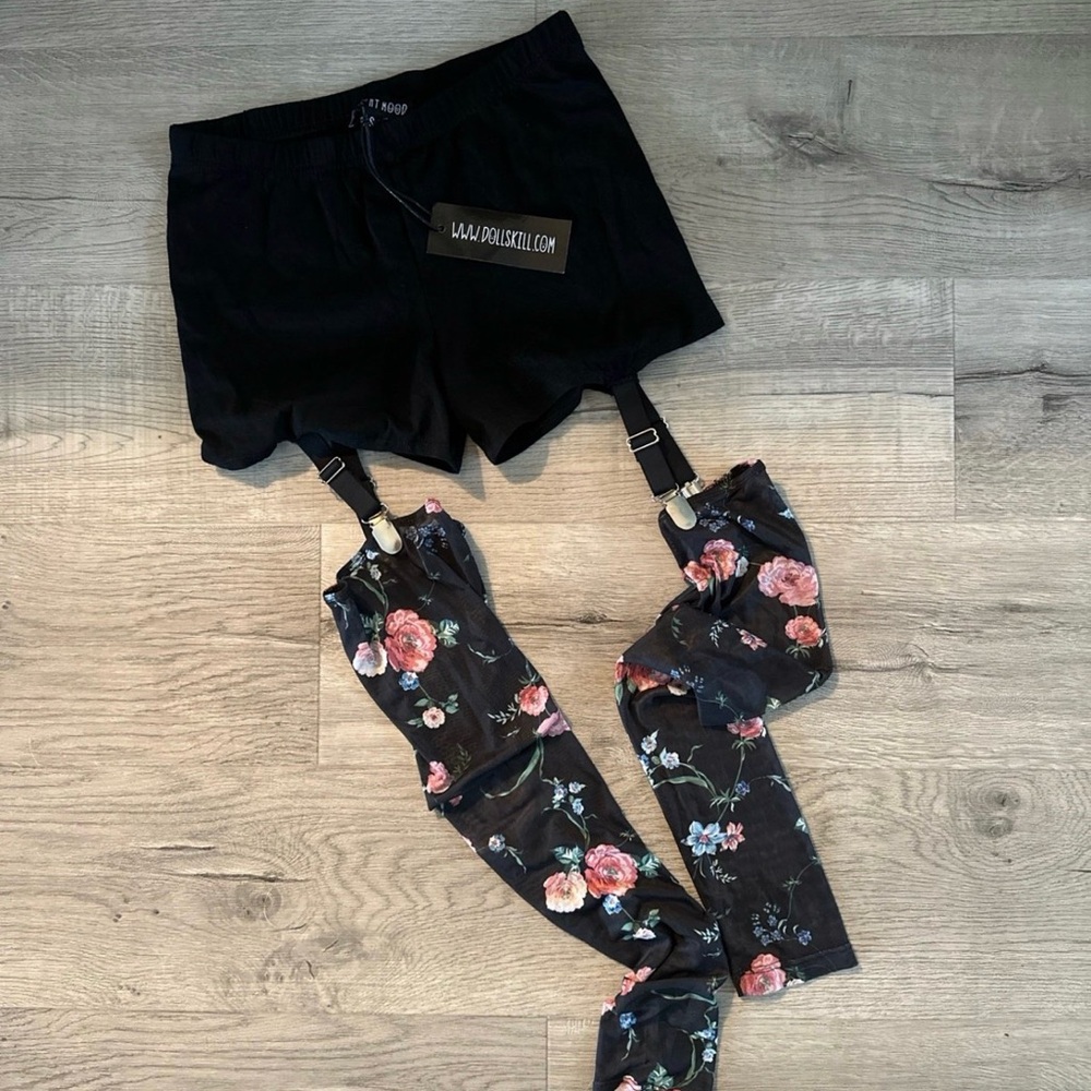 Dolls Kills Black Women's Shorts with floral Stockings and Garters
